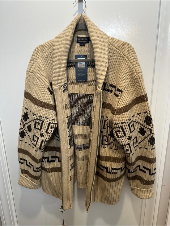 Pendleton Sweaters - Pendleton Beige Shawl Collar Zip Knit Cardigan with Brown Pattern (55)